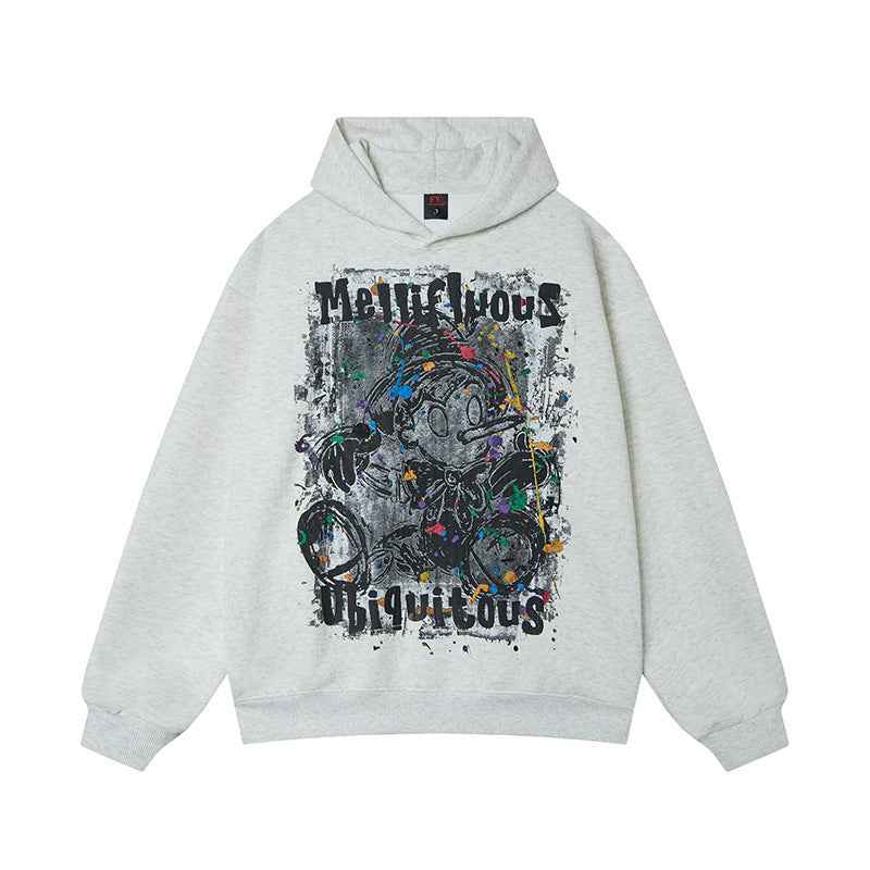 Loose Fit Cartoon Graffiti Printed Hoodie For Men | MuddyStock Originals Gray