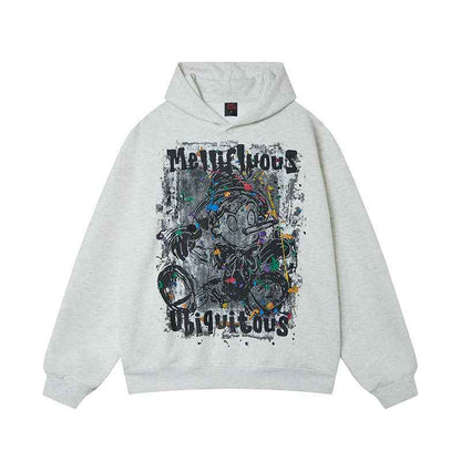 Loose Fit Cartoon Graffiti Printed Hoodie For Men | MuddyStock Originals Gray