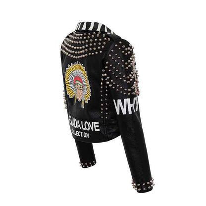 European And American Graffiti Slim Leather Jacket For Women