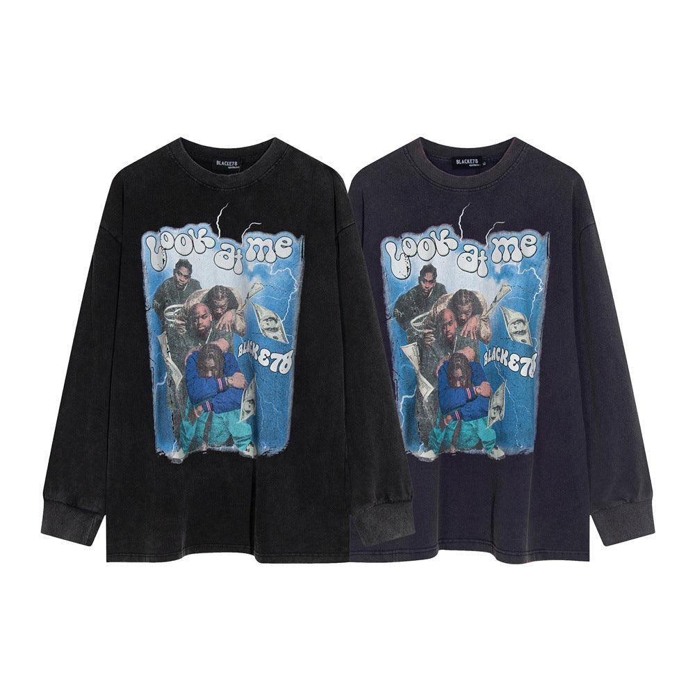 Men's Punk Wash Pure Cotton Long Sleeve t-shirt null