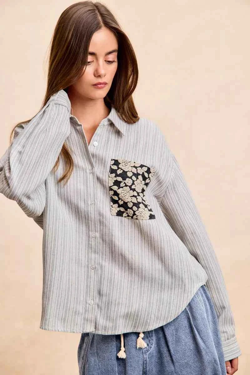 Flower Jacquard Knit Patch Pocket Stripe Shirt For Women Trendsi