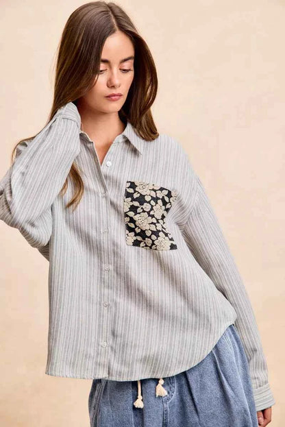 Flower Jacquard Knit Patch Pocket Stripe Shirt For Women Trendsi