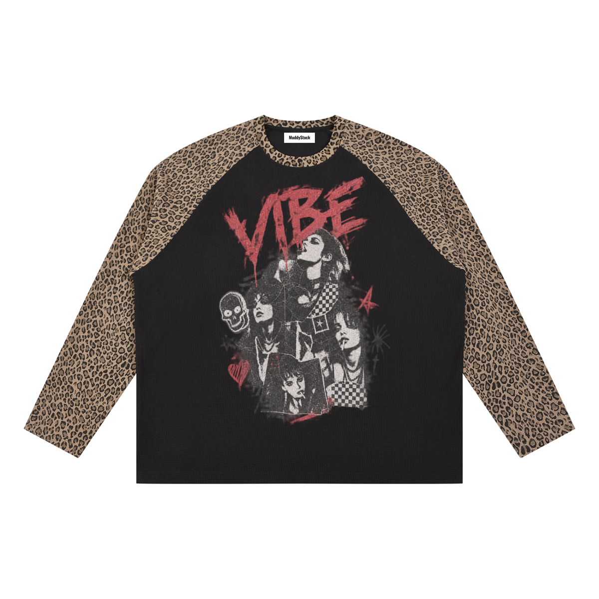 Unisex Leopard Panel Waffle T-Shirt | MuddyStock Originals Black with Leopard Brown