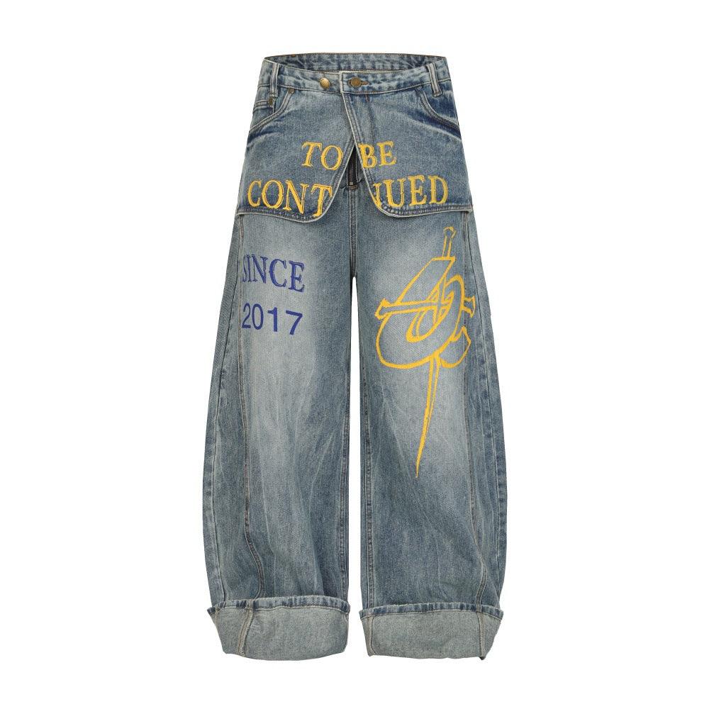 Letter printed curved knife jeans for men | MuddyStock Originals Blue