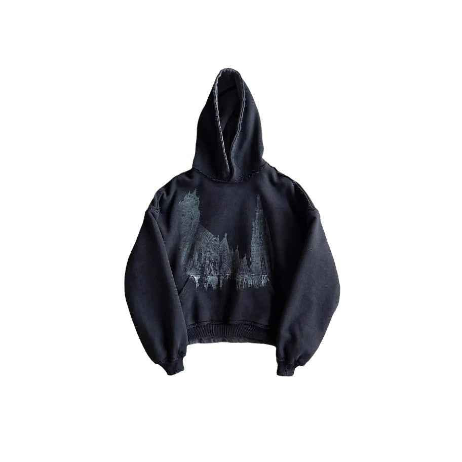 Loose-fit Dark-style Retro Printed Hoodie For Men Black MuddyStock