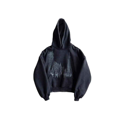 Loose-fit Dark-style Retro Printed Hoodie For Men Black MuddyStock