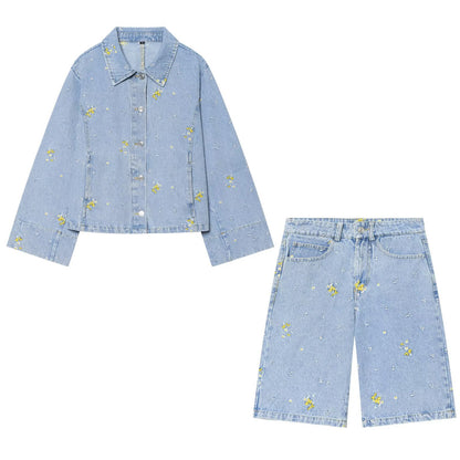 Embroidered denim jacket+denim shorts set for women | MuddyStock Originals