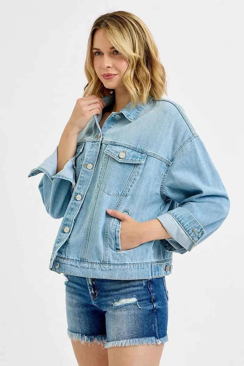 RISEN Washed Dropped Shoulder Denim Jacket For Women Trendsi