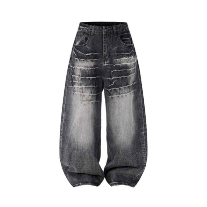 Retro Washed Distressed Loose-fit Wide-leg Denim Pants For Men And Women