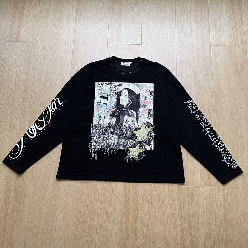 Streetwear Waffle Long Sleeve Studded Collar Graphic Print T-Shirt For Men | MuddyStock Originals