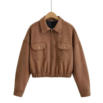 Flip collar pocket hem loose suede jacket for women | MuddyStock Originals Brown