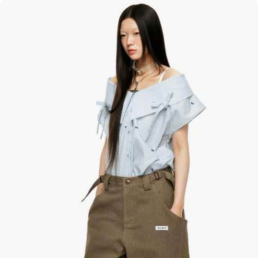 Strap Bow Striped One Shoulder Sleeveless Top For Women MuddyStock