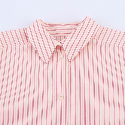 Oumeitong Diligent Style Loose All-matching Striped Lapel Long Sleeve Shirt MuddyStock