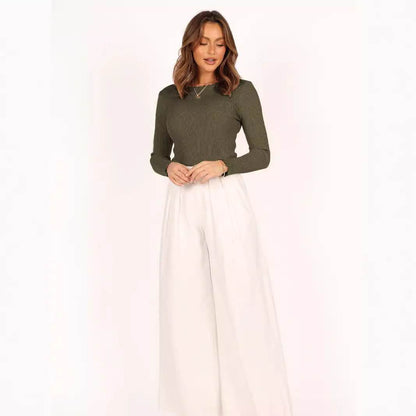 Round Neck Long Sleeve Slim Fit Shoulder Rib Women's Top MuddyStock