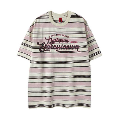 Summer New Letter Print Stripe Color Block Short Sleeve T-Shirt For Men And Women | MuddyStock Originals Pink MuddyStock
