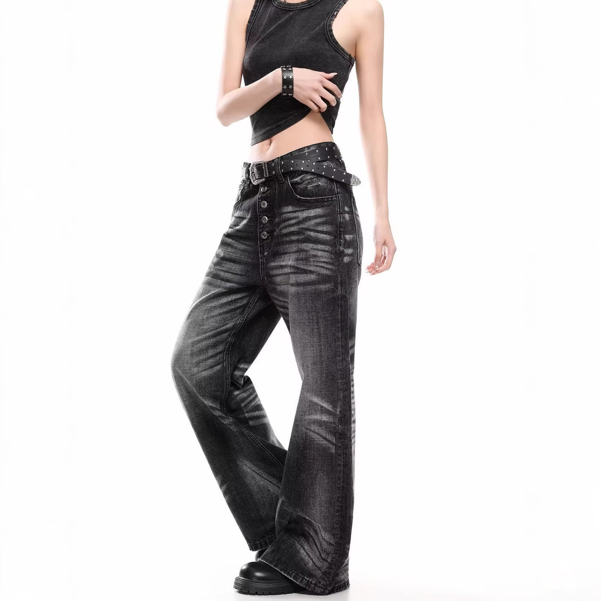 Washed Knife-Edge Jeans for Men and Women