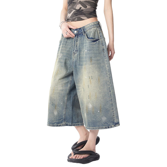 Splatter Washed Denim Crop Pants for Women | MuddyStock Originals