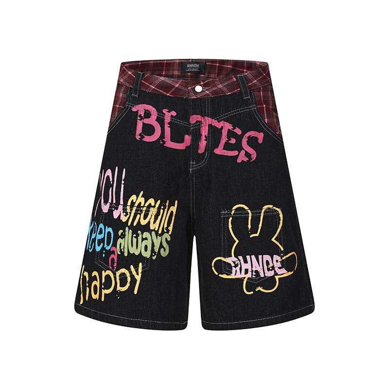 Flower letter graffiti printed denim shorts Black