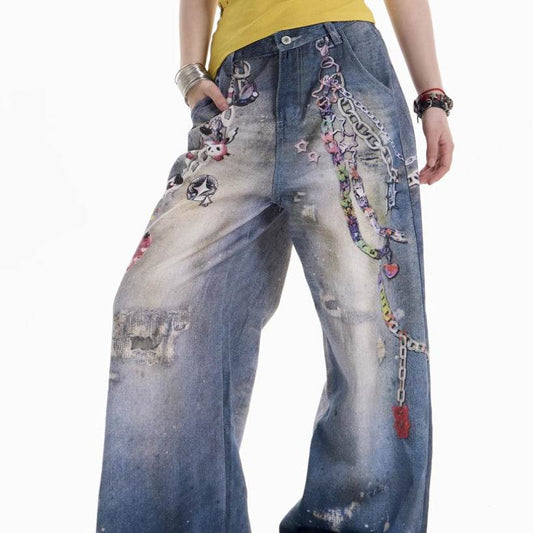 American Retro Cartoon Chain Printed Jeans For Women MuddyStock