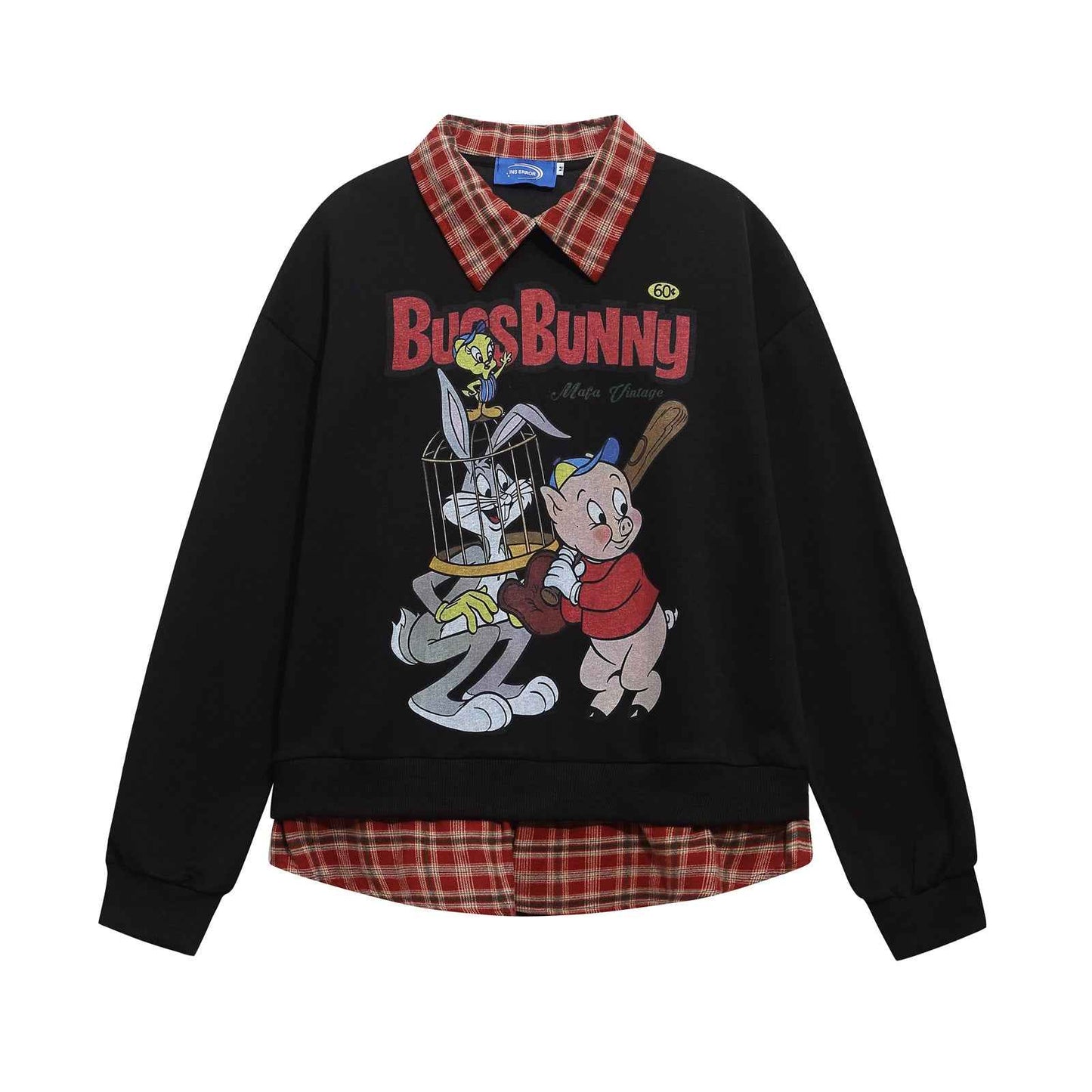 Retro Cartoon Print Patchwork Fake Two-Piece Polo Neck Sweatshirt For Men And Women | MuddyStock Originals Black MuddyStock