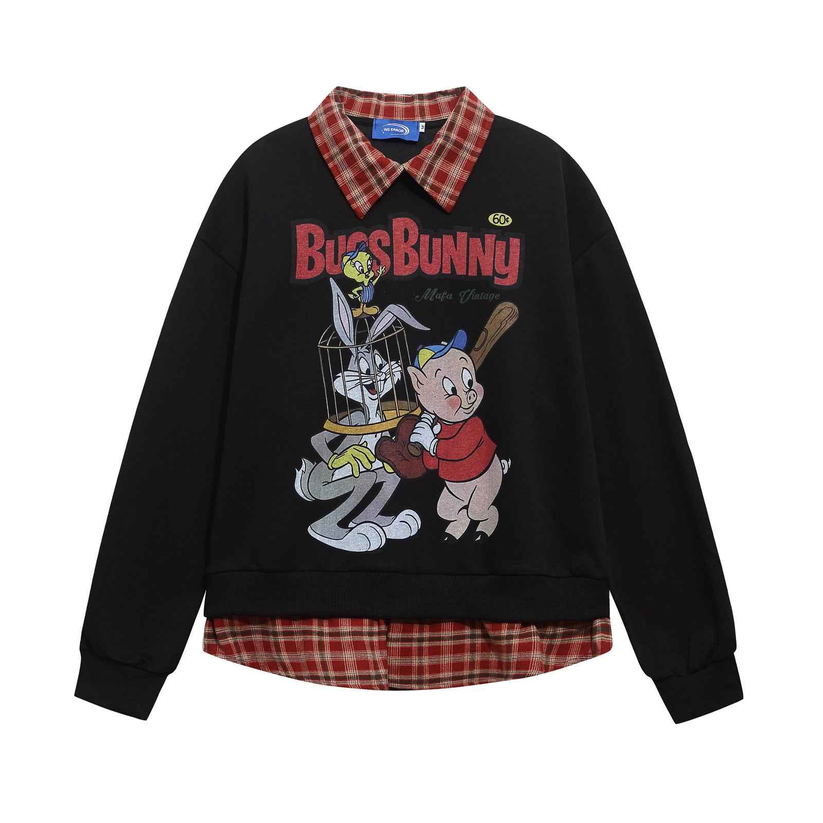 Retro Cartoon Print Patchwork Fake Two-Piece Polo Neck Sweatshirt For Men And Women | MuddyStock Originals Black MuddyStock