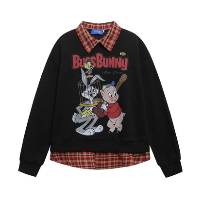 Retro Cartoon Print Patchwork Fake Two-Piece Polo Neck Sweatshirt For Men And Women | MuddyStock Originals Black MuddyStock