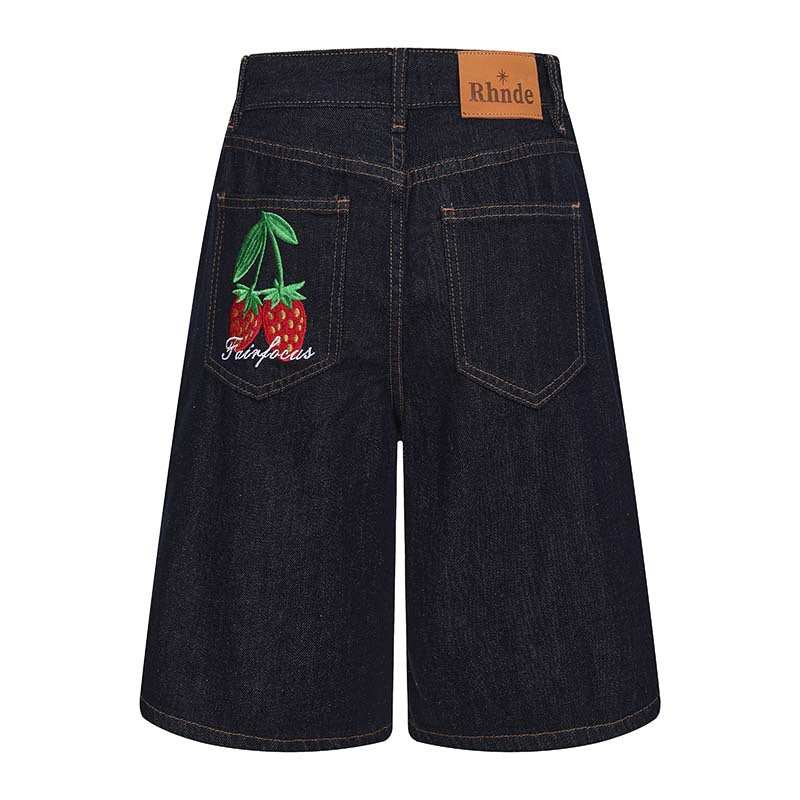 Emblem patch embroidery washed denim shorts