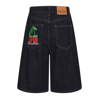 Emblem patch embroidery washed denim shorts