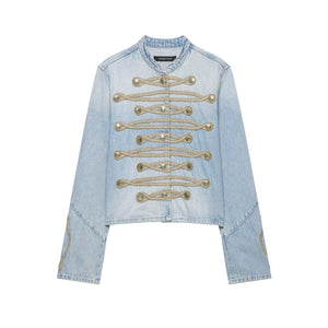 Casual knot button decoration stand collar denim jacket for women | MuddyStock Originals Denim Blue