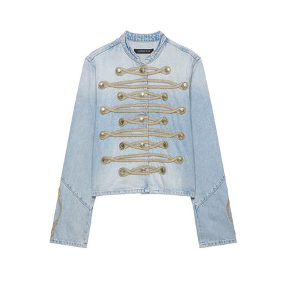 Casual knot button decoration stand collar denim jacket for women | MuddyStock Originals Denim Blue