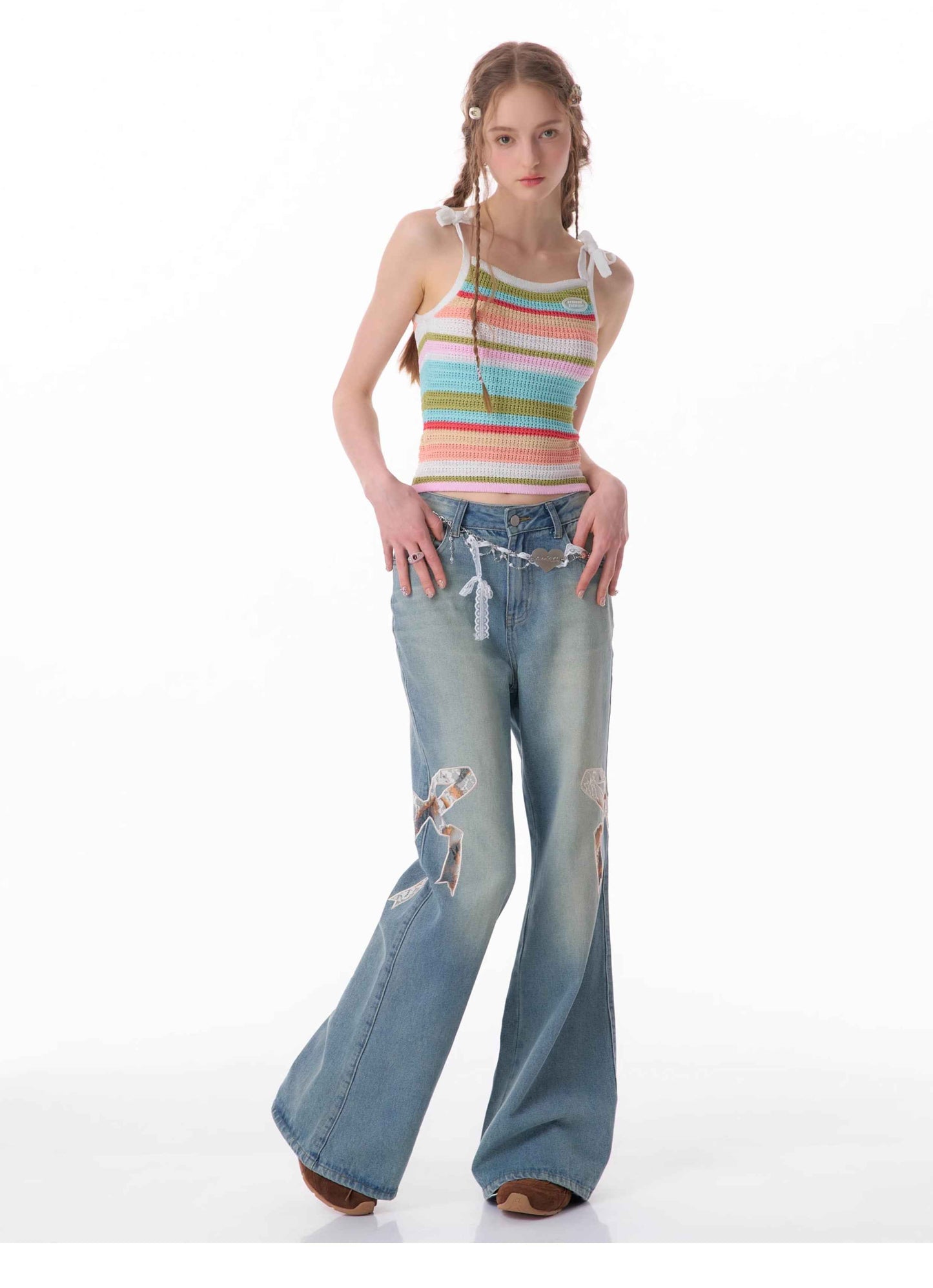 High Waist Bow Patch Wide Leg Straight Jeans For Women MuddyStock