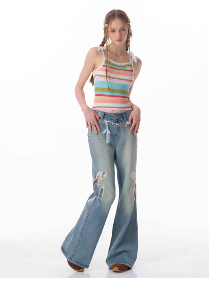 High Waist Bow Patch Wide Leg Straight Jeans For Women MuddyStock