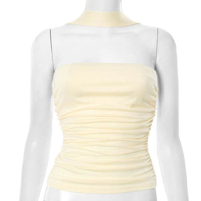 Women's Halter Ribbon Tube Top Vest Light Yellow MuddyStock
