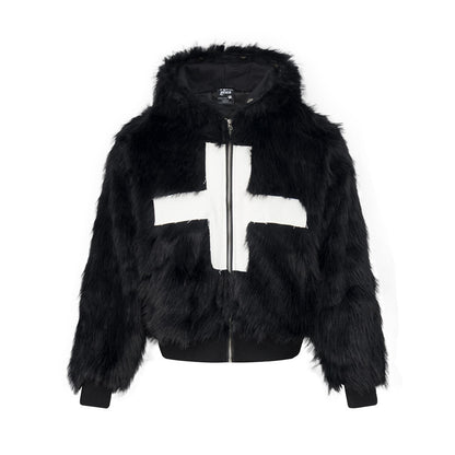 Men's Trendy Cross Patch Embroidery Faux Fur Hooded Cotton Padded Jacket