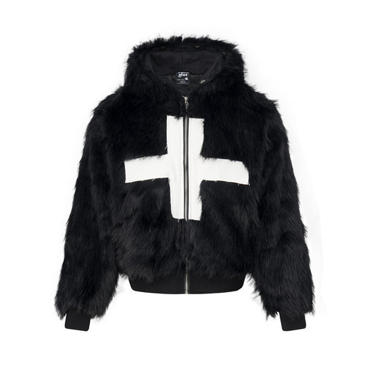 Men's Trendy Cross Patch Embroidery Faux Fur Hooded Cotton Padded Jacket