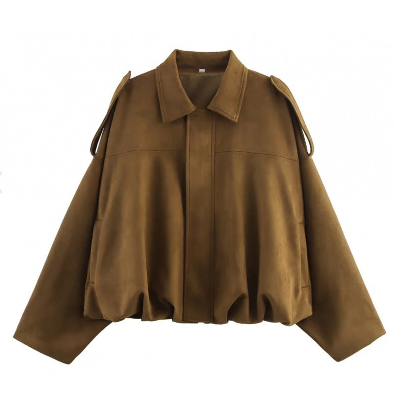 European And American Suede Texture Lapel Loose Pilot Jacket For Women Brown All Products