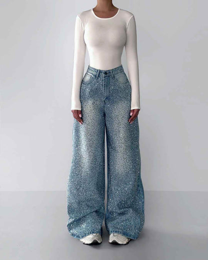 Irregular Rhinestone Jeans For Women MuddyStock