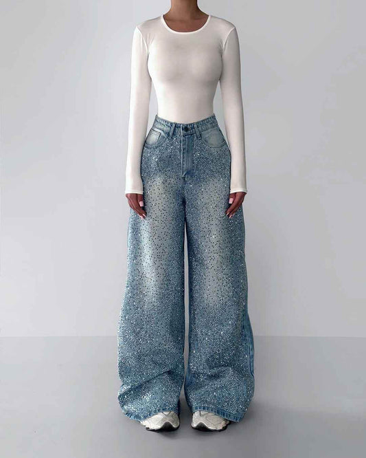Irregular Rhinestone Jeans For Women MuddyStock
