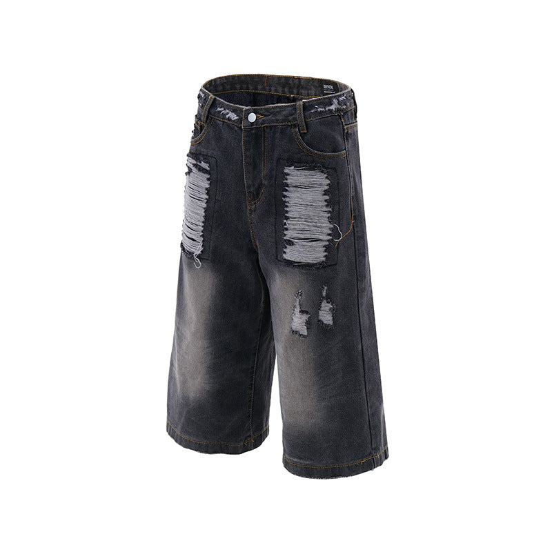 Loose silhouette washed and worn straight denim shorts