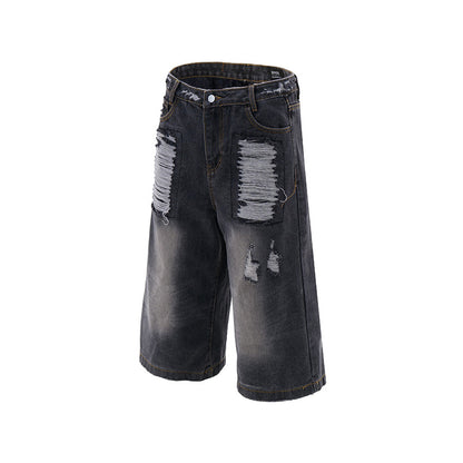 Loose silhouette washed and worn straight denim shorts