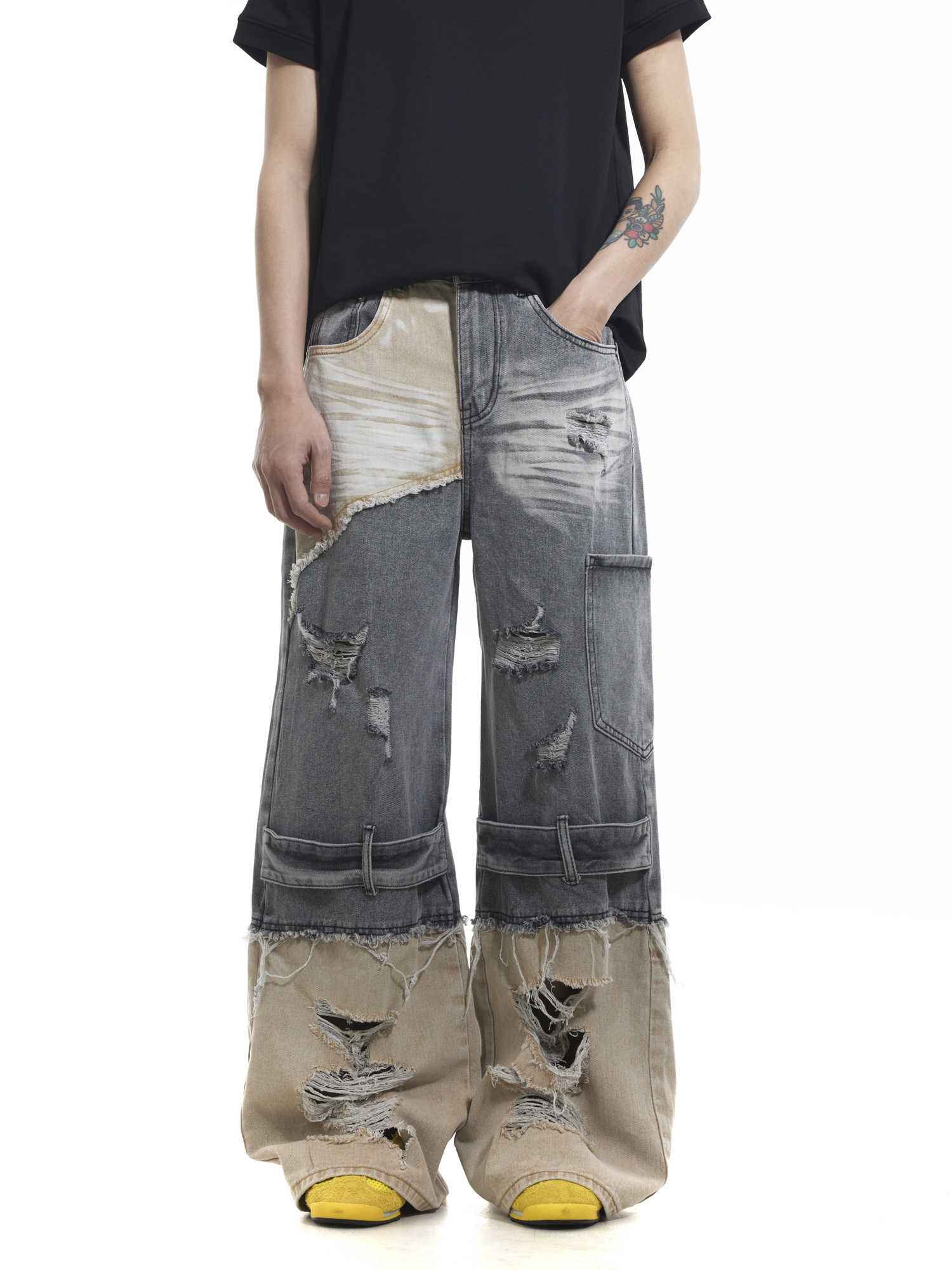 Niche Heavy Industry Washed Damaged Stitching Skinny Jeans MuddyStock