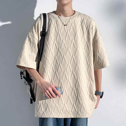 Mid-sleeve Bottoming Shirt Men's Round Neck Jacquard Solid Color Plus Size T-shirt MuddyStock