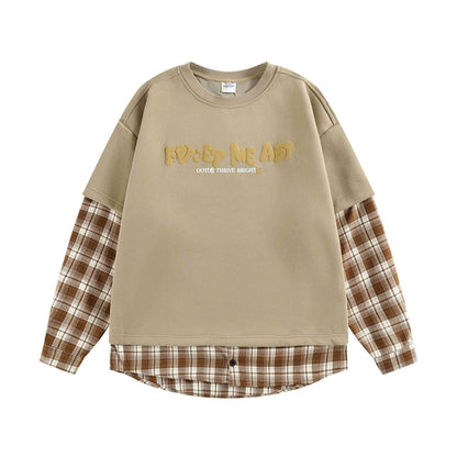 Plaid Splicing Fake Two-Piece Loose Hoodie For Men And Women| MuddyStock Originals Khaki MuddyStock