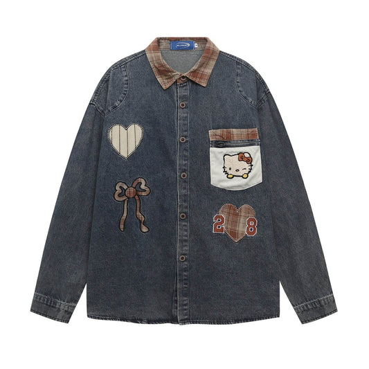 Retro Cartoon Embroidery Denim Long Sleeve Shirt For Women | MuddyStock Originals MuddyStock