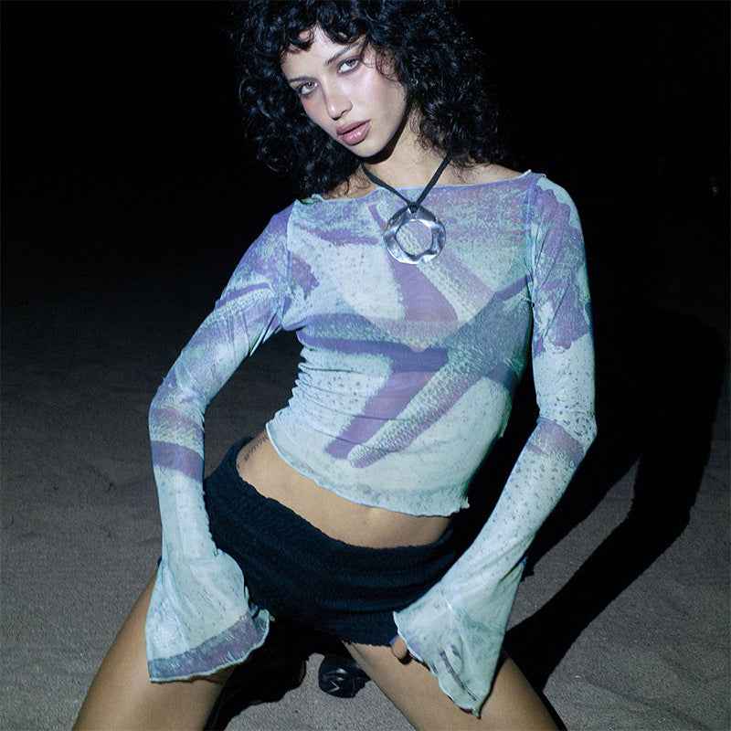 Abstract printed flared sleeve short top for women | MuddyStock Originals