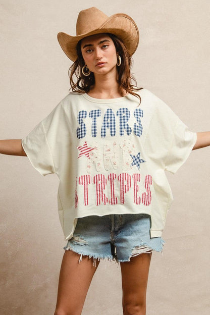 Mix And Match Stars And Stripes Patchwork Short Sleeve T-Shirt For Women