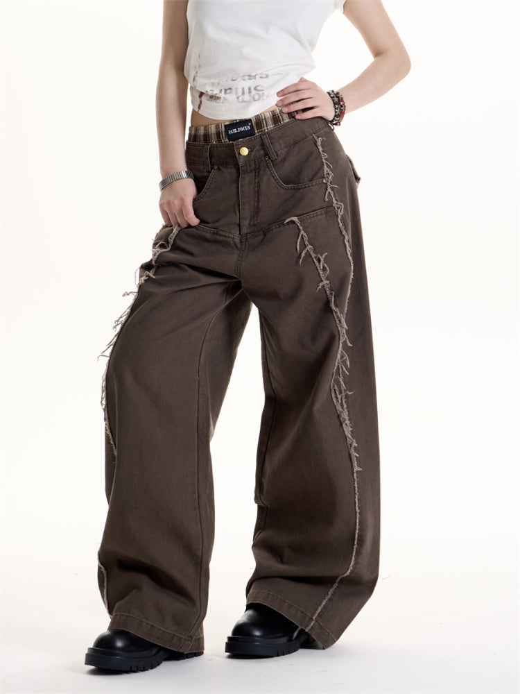 American Retro Style Deconstructive Design Jeans For Women Cocoa