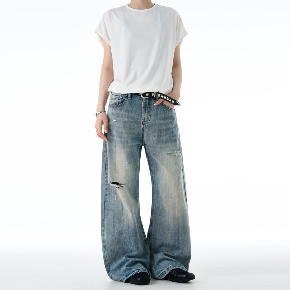 American-style Vintage Distressed Ripped Bootcut Jeans For Men