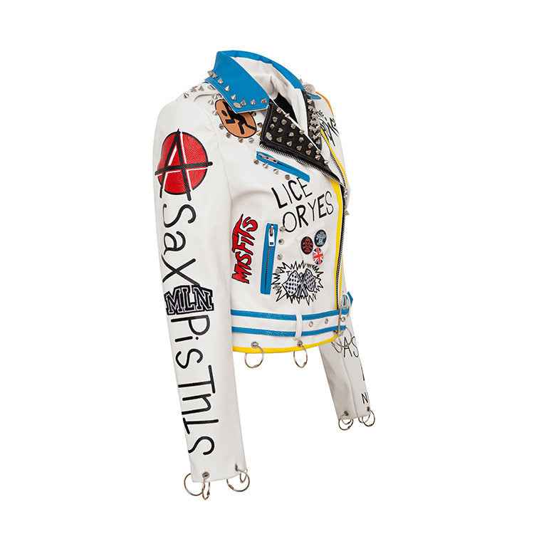 Personalized Graffiti Print Motorcycle Leather Jacket For Women MuddyStock