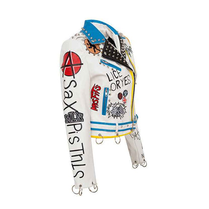 Personalized Graffiti Print Motorcycle Leather Jacket For Women MuddyStock